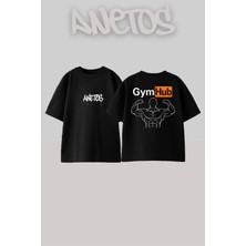 Anetos Gymhub Tasarım Sırt Baskılı Pamuk Siyah Oversize T-Shirt