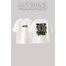 Anetos Ninja Kaplumbagalar Tasarım Sırt Baskılı Pamuk Beyaz Oversize T-Shirt
