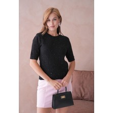 Relax Mode Kadın Sim Detaylı Kısa Kollu Siyah Triko Bluz - 8563R