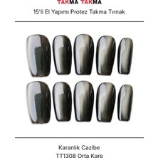 Takma Takma 15'li Siyah Orta Kare TT1308 Tekrar Kullanılabilir El Yapımı Protez Takma Tırnak - Siyah-XS