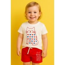 Kız Çocuk Kedi Desenli Şortlu Pijama Takımı