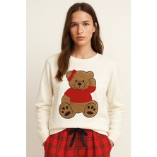 Kadın Teddy Sweatshirt Pijama Üstü Ekru