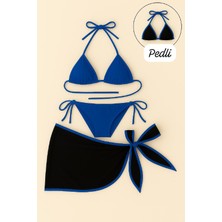 Lux Store Kadın Mavi Pareolu Yandan ve Boyundan Bağlamalı 3'lü Bikini Takımı - Modern, Konforlu ve Günlük Kombinlere Uygun