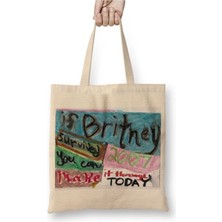 Toyaso Britney Survived 2007 Beyaz Bez Çanta Uzun Saplı Alışveriş Çantası Plaj Çantası