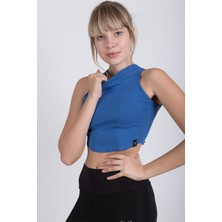 Cervus Kadın Kısa Penye Crop T-Shirt Saks Renk Kolsuz Tasarım Yumuşak Kumaş ile Rahatlık