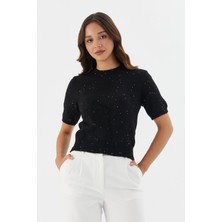 Shopping Shop Simli Kısa Kol Triko Bluz Sıyah