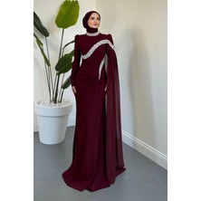 Merven Akyüz Feriha Yandan Pelerinli Taşlı Özel Tasarım Abiye Vişne Çürüğü