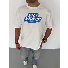 Rawea Fashion Unisex Bisiklet Yaka Baskılı Oversize T-Shirt - Beyaz