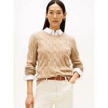 Tommy Hilfiger Yumuşak Yün Saç Örgülü Bisiklet Yaka Uzun Kollu Kadın Bej Kazak WW0WW43586ADM