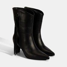 Desa Kadın Siyah Püskül Detaylı Topuklu Deri Bot