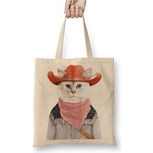Toyaso Kedi Rodeo Cat Beyaz Bez Çanta Uzun Saplı Alışveriş Çantası Plaj Çantası