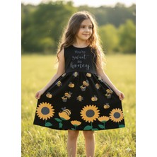 Şimo Butik Kız Çocuk Penye Pamuklu Elbise Arı Desenli Siyah Mavi Renk Seçenekli