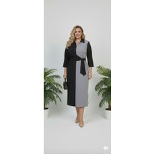 Koza Butik Kadın Büyük Beden Gömlek Yaka Bağlamalı Wrap Elbise Klasik Stil Siyah 5399-26