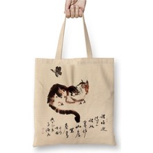 Toyaso Cat Butterfly Kedi Bez Çanta Uzun Saplı Alışveriş Çantası Plaj Çantası