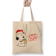 Toyaso Yılbaşı Yeni Yıl Konseptli Snoopy Merry Christmas Beyaz Bez Çanta Uzun Saplı Alışveriş Çantası