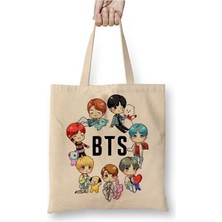 Toyaso Bts Dna x BT21 Beyaz Bez Çanta Uzun Saplı Alışveriş Çantası Plaj Çantası