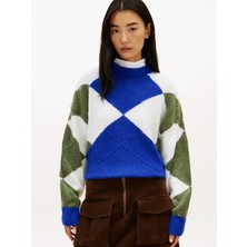 Tommy Hilfiger Alpaka Karışımlı Baklava Desenli Bisiklet Yaka Uzun Kollu Kadın Mavi Kazak WW0WW474640ZU