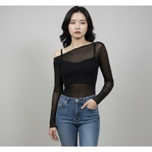 Vonie Kadın Transparan Softtouch Esnek Kayık Yaka Siyah Bluz