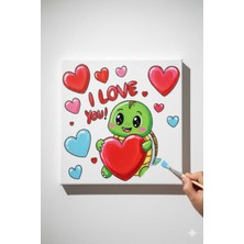 Okul Etkinliği 20X20 Resimli Tuval Çocuk Boyama Seti-Kalp_kaplumbağa_model-25 Resimli 3 Boya 1 Fırça