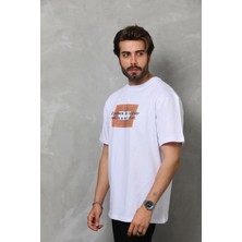 Rawea Fashion Unisex Bisiklet Yaka Baskılı Oversize T-Shirt - Beyaz