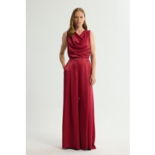 Love My Body Pileli Geniş Paça Pantolon Bordo 153L9500002