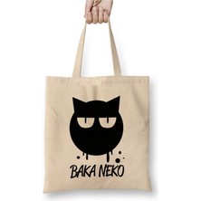 Toyaso Kawaii Neko Baka Cat Kedi Anime Beyaz Bez Çanta Uzun Saplı Alışveriş Çantası Plaj Çantası