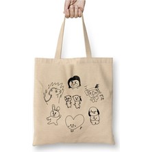 Toyaso Bts BT21 Drawing Black Beyaz Bez Çanta Uzun Saplı Alışveriş Çantası Plaj Çantası