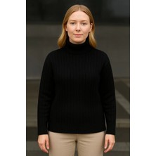 Velmora Fashion Kadın Balıkcı Yaka Bağazlı Triko Kazak Pamuklu Kalın Fitilli Dokuma - Siyah