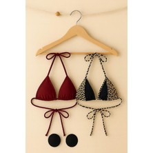 Lux Store Kadın Leopar Desenli ve Bordo Minimal Kesim Üçgen Bikini Üstü - Modern ve Şık Tasarım