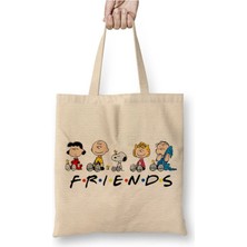 Toyaso Snoopy Friends Beyaz Bez Çanta Uzun Saplı Alışveriş Çantası Plaj Çantası