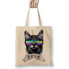Toyaso Too Cute To Care Cat Kedi Dj Beyaz Bez Çanta Uzun Saplı Alışveriş Çantası Plaj Çantası