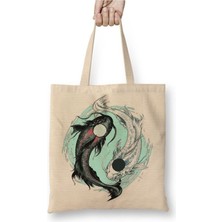 Toyaso Koi Balığı Yin ve Yang Beyaz Bez Çanta Uzun Saplı Alışveriş Çantası Plaj Çantası