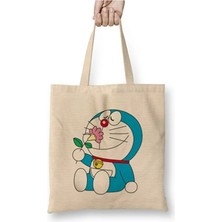 Toyaso Doraemon Anime Beyaz Bez Çanta Uzun Saplı Alışveriş Çantası Plaj Çantası