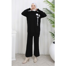 Triko Çiçek Detaylı Tunik Pantolon Ikili Takım 1037-06 Siyah