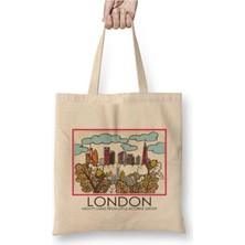 Toyaso London England Londra Ingiltere Beyaz Bez Çanta Uzun Saplı Alışveriş Çantası Plaj Çantası
