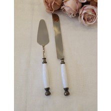 2 Parça Porselen Pasta Servis Kaşık Seti Antik Titanyum