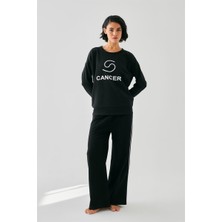 Modaserdem  Kadın Siyah Yengeç Burcu Oversize 2 Iplik Eşofman Ev Giyim Takımı