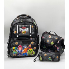 Suya Dayanıklı Kumaş Desenli Ortopedik Sırt Destekli Folyo Beslenmelik ve Kalemlikli Ilkokul Çantası