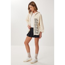 Happiness İstanbul Baskılı Kapüşonlu Ham Keten Ceket LSA0018 Krem