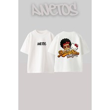 Anetos Bruno Mars Hello Kitty Tasarım Sırt Baskılı Pamuk Beyaz Oversize T-Shirt