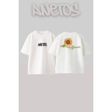 Anetos Aycicegi 1 Tasarım Sırt Baskılı Pamuk Beyaz Oversize T-Shirt