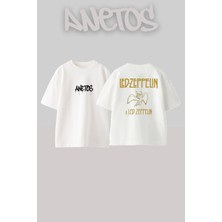 Anetos LED Zeppelin 9 Tasarım Sırt Baskılı Pamuk Beyaz Oversize T-Shirt