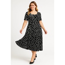 Şans Kadın Büyük Beden Bej-Siyah, Bisiklet Yaka Viskon Elbise 65N39156