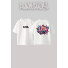 Anetos Birthday Tasarım Sırt Baskılı Pamuk Beyaz Oversize T-Shirt