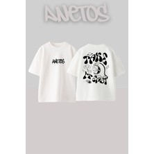 Anetos Take Dino Tasarım Sırt Baskılı Pamuk Beyaz Oversize T-Shirt