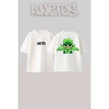 Anetos Goblin Emoji Tasarım Sırt Baskılı Pamuk Beyaz Oversize T-Shirt