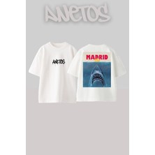 Anetos Shark Tasarım Sırt Baskılı Pamuk Beyaz Oversize T-Shirt