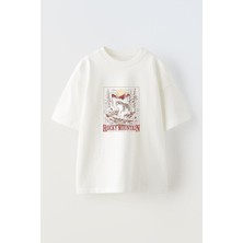Anetos Rocky Mountain Ön Baskılı Pamuk Beyaz Oversize T Shirt