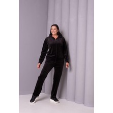 Şans Kadın Büyük Beden Siyah, Kapüşonlu Kadife Eşofman Takım 65N39180