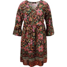 Şans Kadın Büyük Beden Siyah, Çiçek Desenli V Yaka Dokuma Viskon Elbise 65N39219